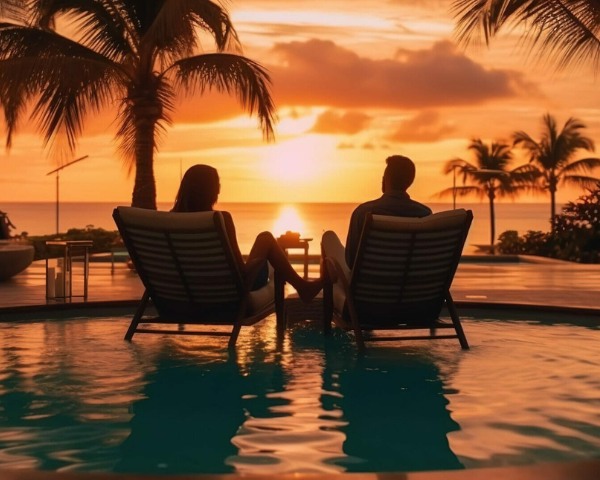 couple sitting by the pool during sunset citizenship by investment